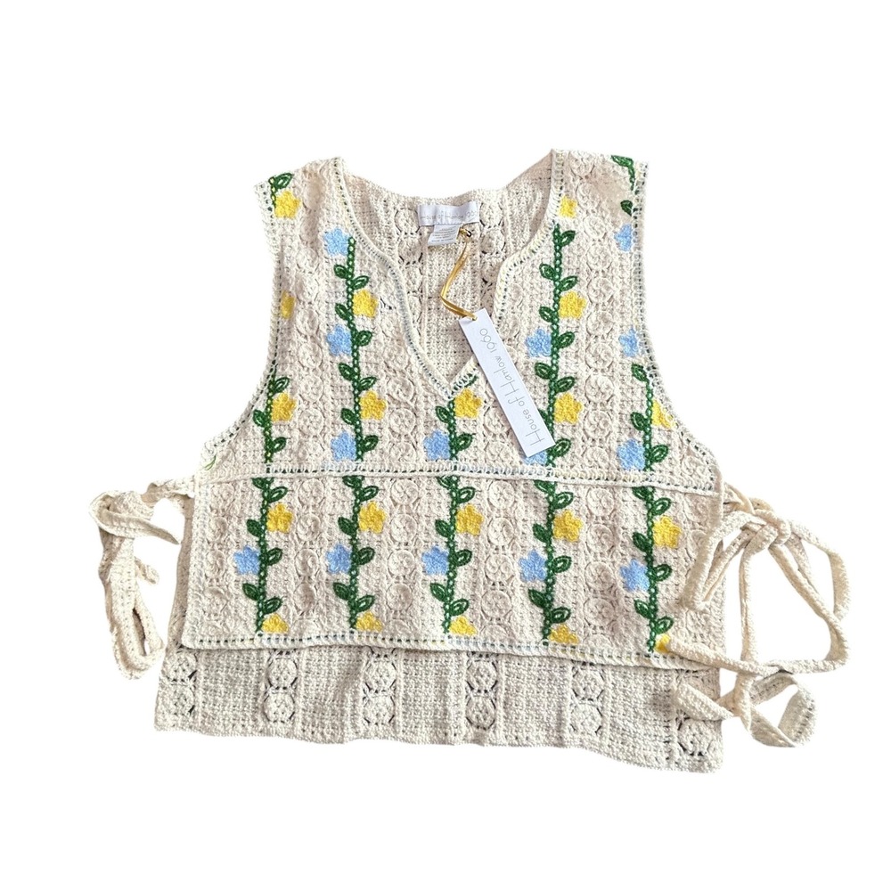 House of Harlow 1960 Crochet Floral Embroidered Side Tie Vest Cream One Size NWT